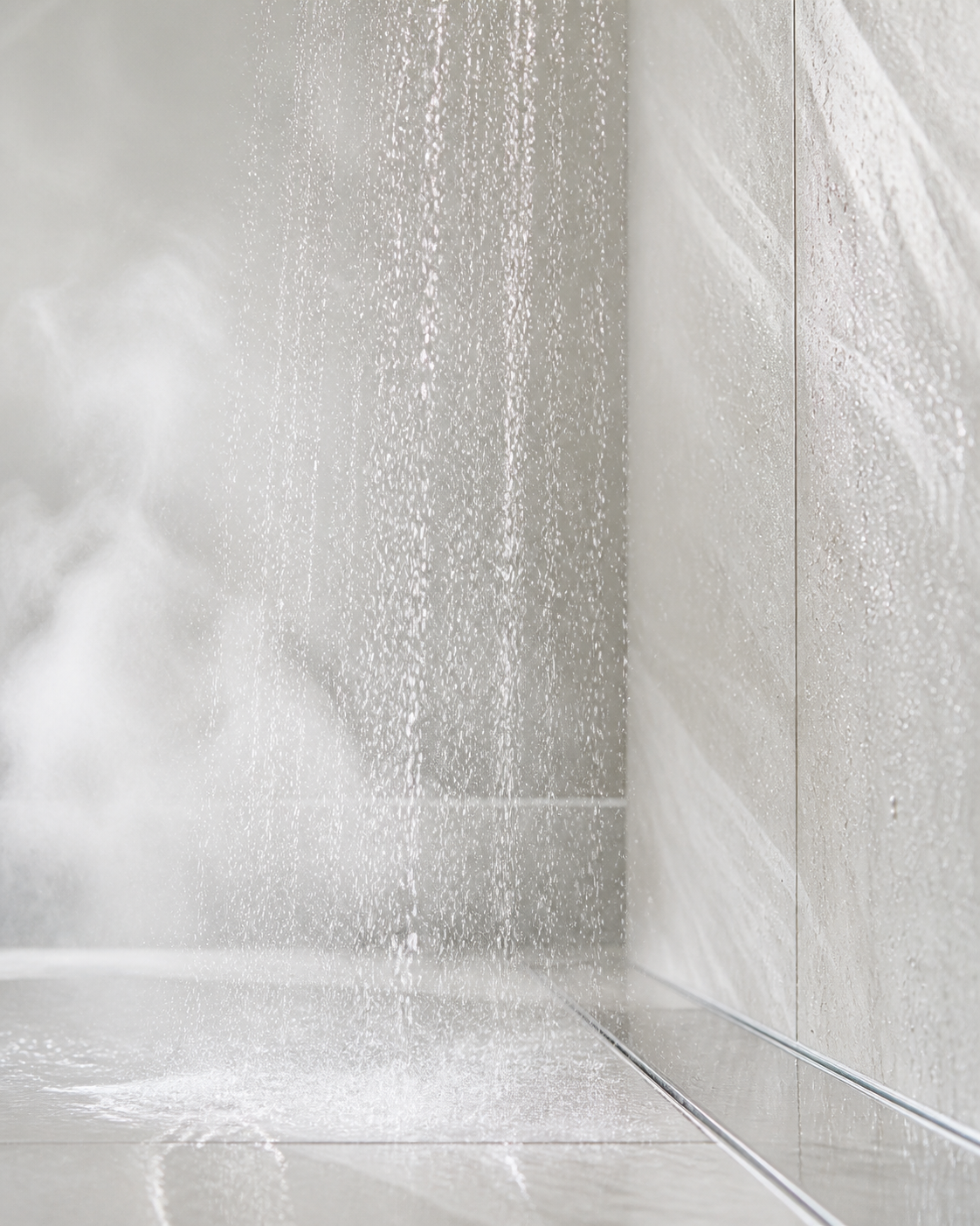 Bright rainfall shower water and steam over pale stone