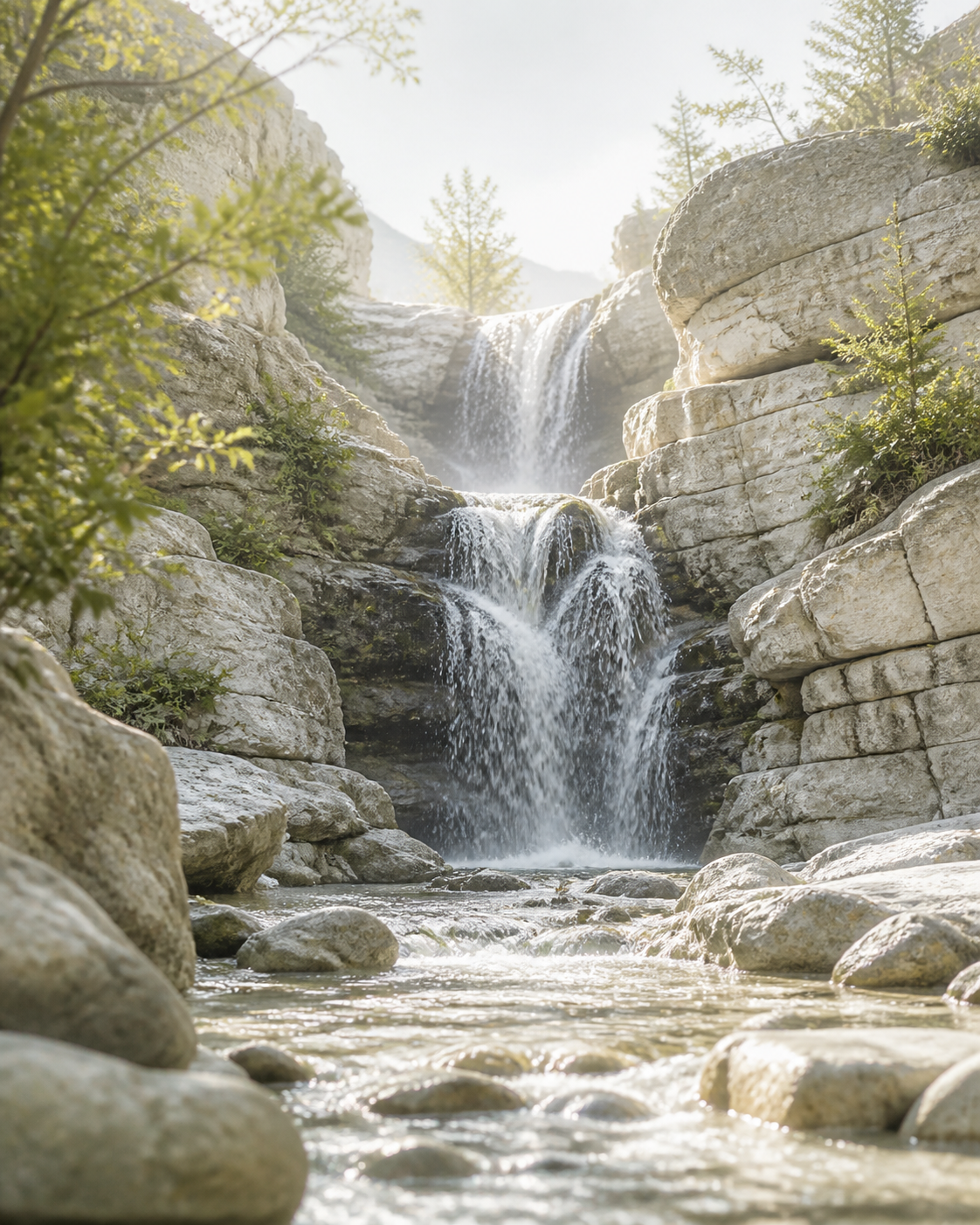 Bright mountain waterfall flowing over pale stone