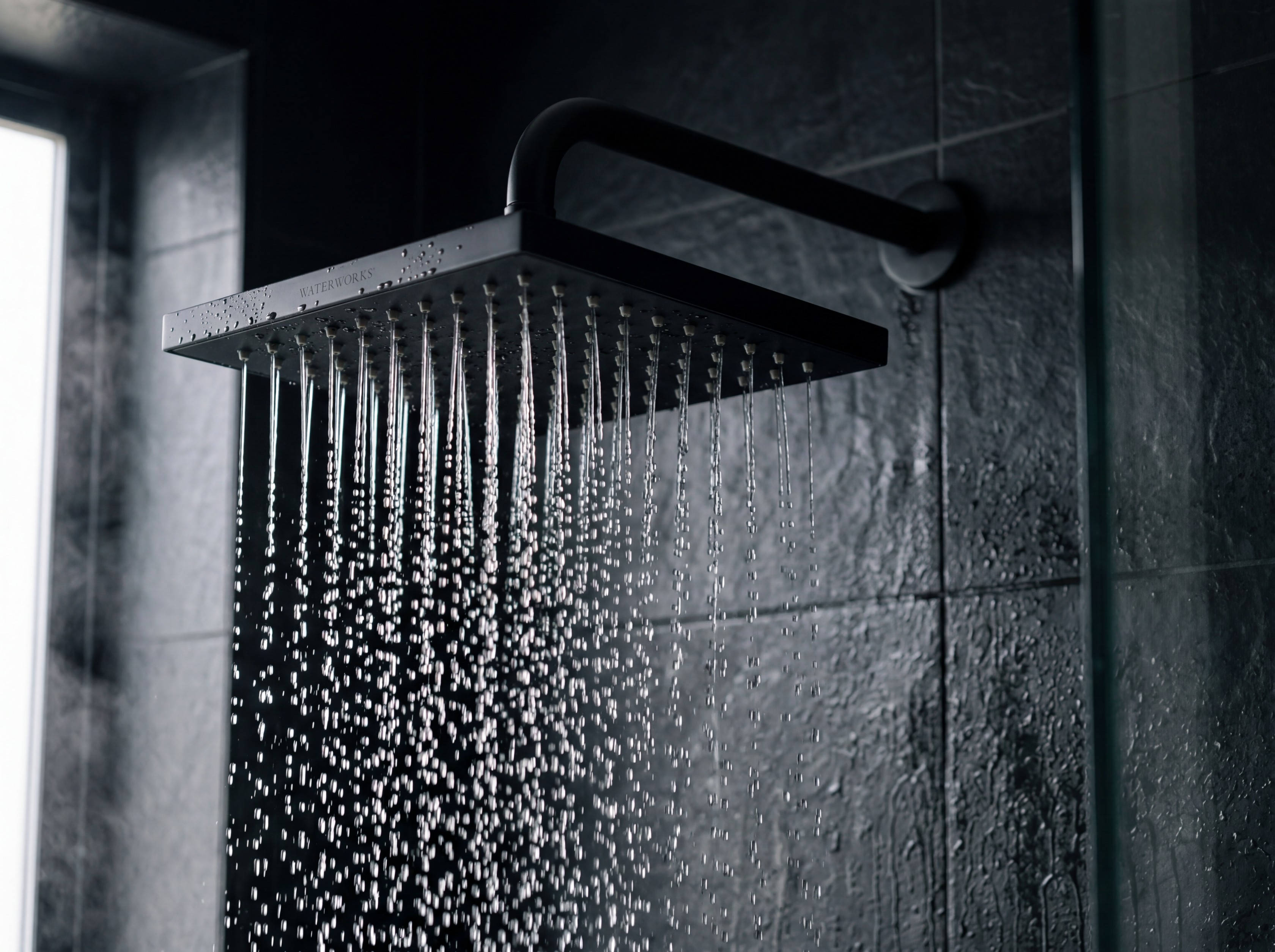 Matte-black rainfall shower head with falling water