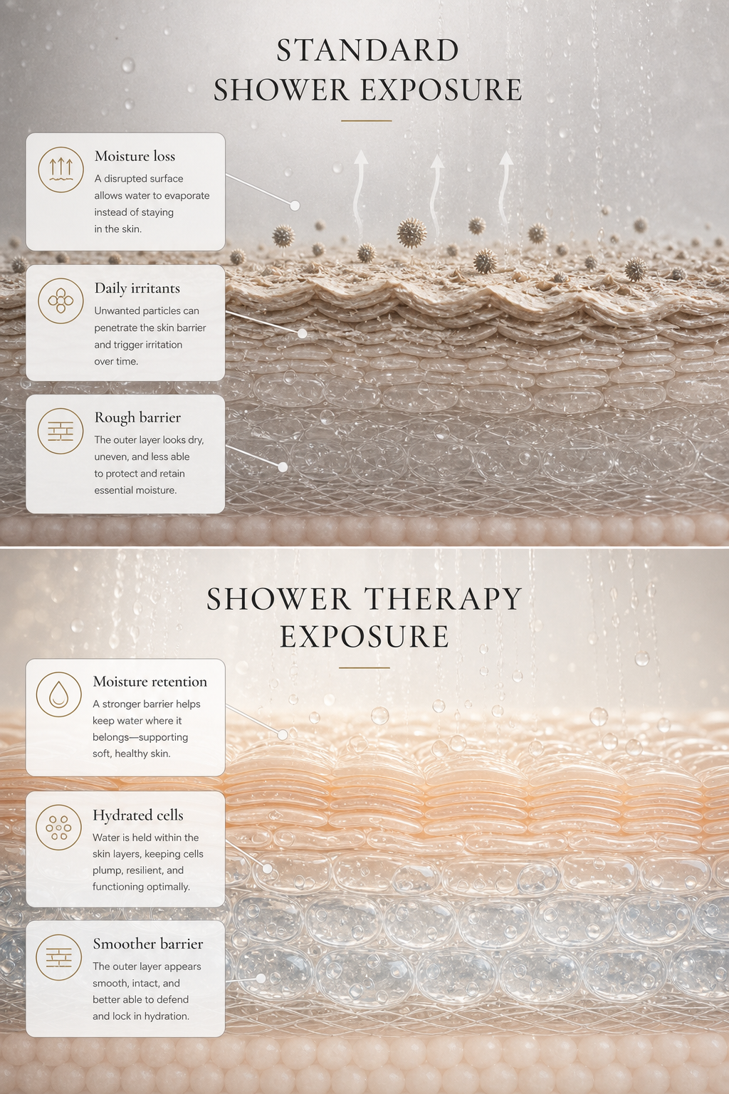 Scientific hydration comparison showing standard showering and shower therapy exposure on the skin barrier