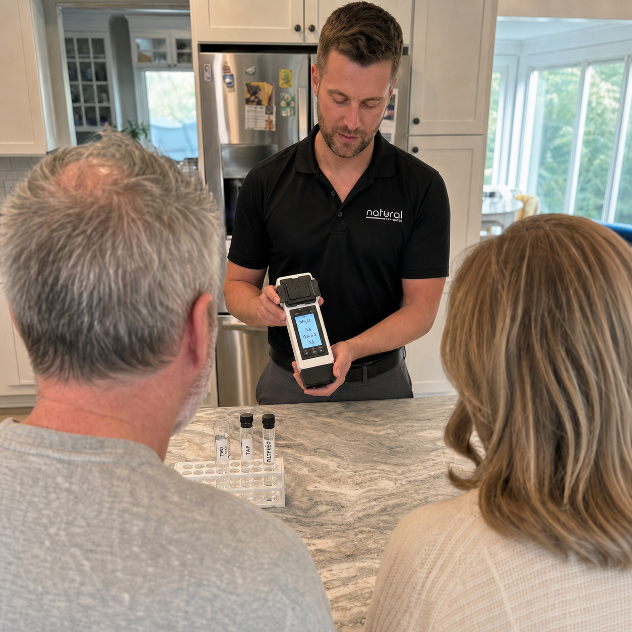 Natural Tap Water specialist showing an in-home water analysis to homeowners
