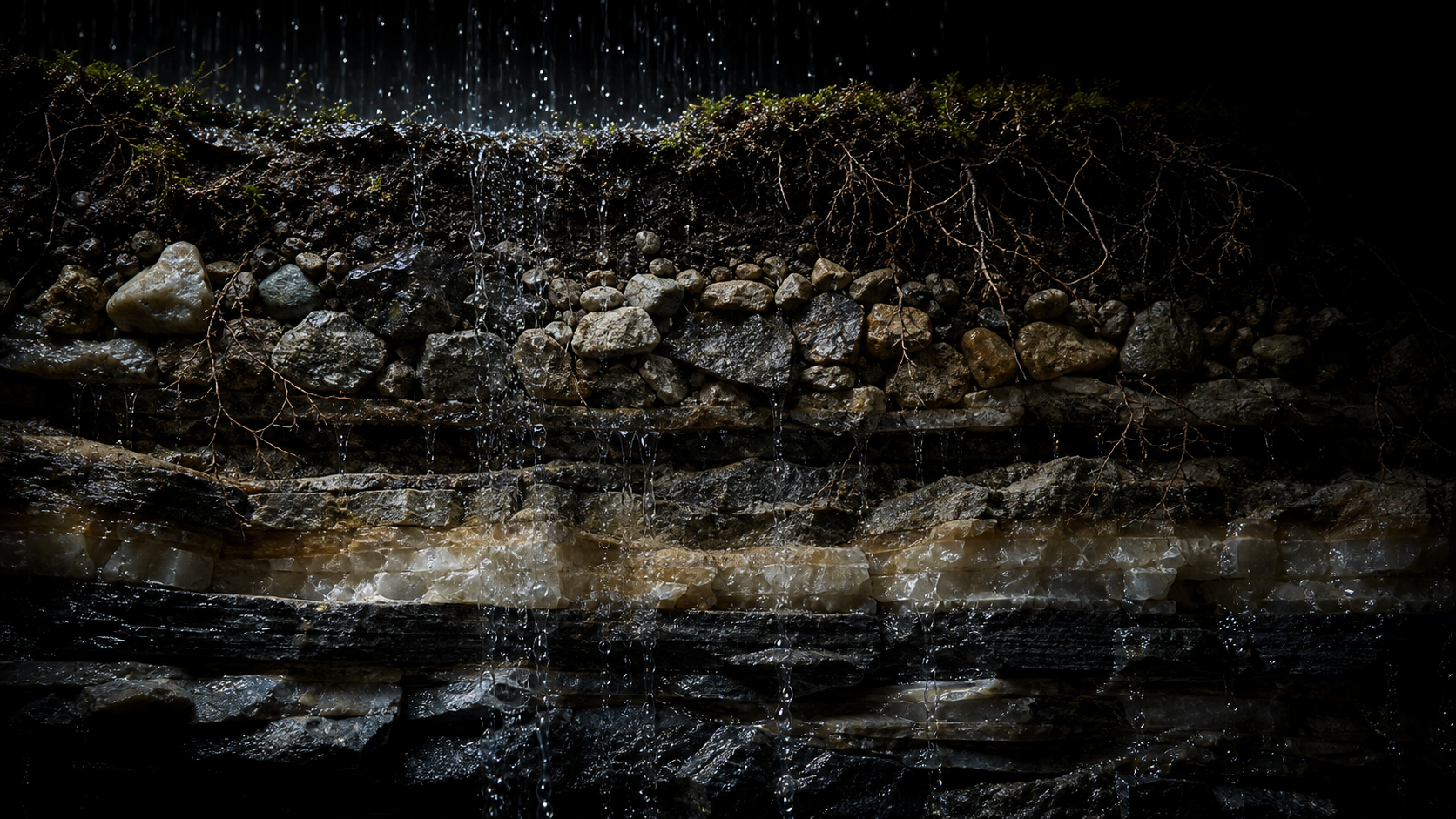 Rainwater filtering through roots and mineral stone