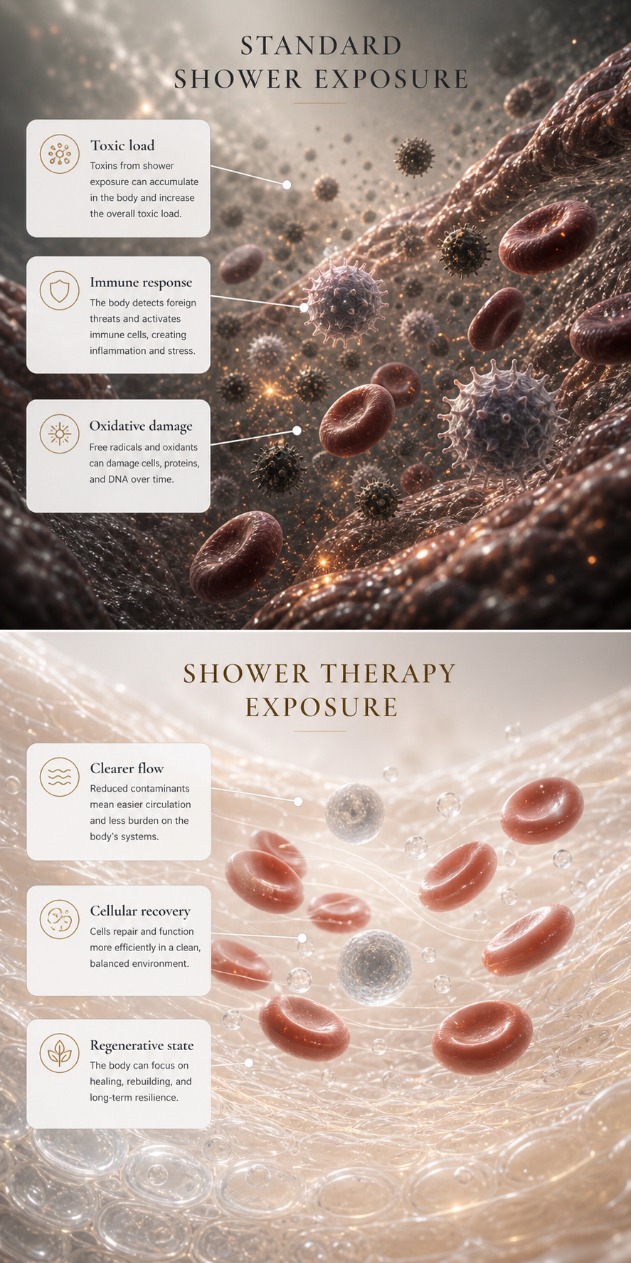 Scientific repair and regeneration comparison showing standard showering and shower therapy exposure on cellular recovery