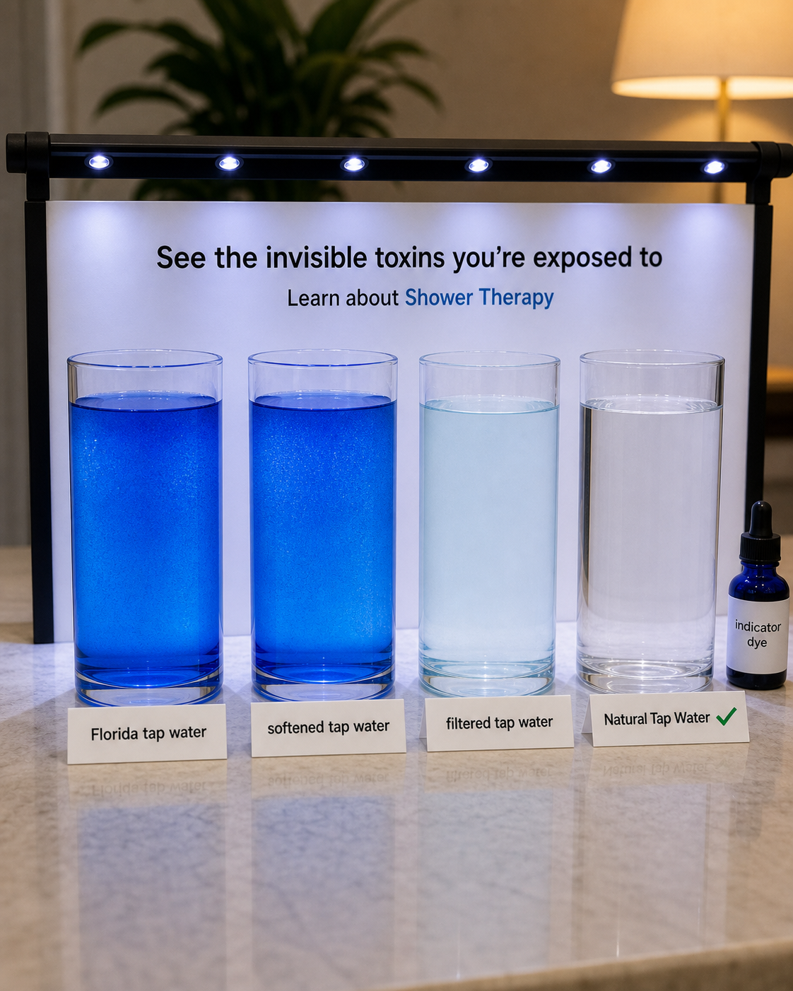 Water quality comparison showing Florida tap water, softened tap water, filtered tap water, and Natural Tap Water with indicator dye.